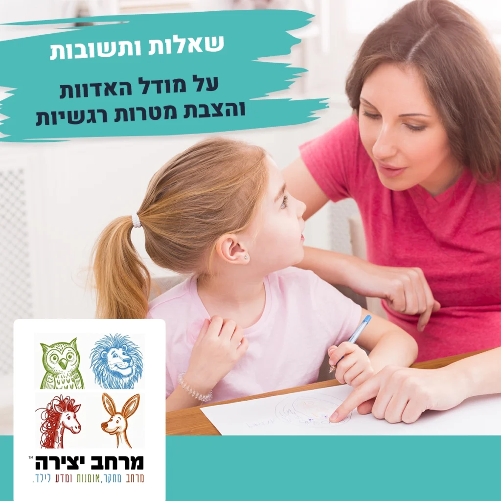 אמא וילד צעיר יושבים יחד במרחב יצירה מואר ובוחנים תרשים צבעוני המייצג מפת התפתחות אישית באווירה מחויכת ותומכת